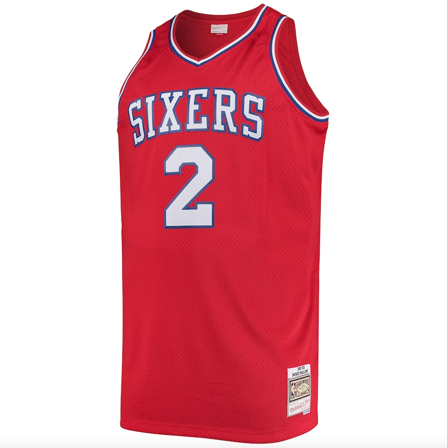 Mens Philadelphia 76ers Moses Malone Mitchell &amp; Ness Red 1982-83 Hardwood Classics Swingman Jersey